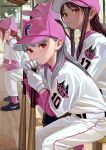  1girl 4girls bangs baseball_bat baseball_cap black_footwear brown_hair fkey gloves hat highres looking_at_viewer multiple_girls original pants pink_headwear pink_legwear red_eyes shirt shoes silver_hair sitting solo sportswear white_gloves white_pants white_shirt 