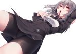  1girl black_shorts breasts cameltoe character_request copyright_request covered_navel eyebrows_visible_through_hair from_below grey_hair groin hair_between_eyes highres himegi_you long_sleeves looking_at_viewer looking_down red_eyes shirt short_hair short_shorts shorts small_breasts 
