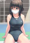  1girl bare_arms bare_shoulders black_hair black_swimsuit blue_eyes blush breasts collarbone commentary_request competition_swimsuit day eyebrows_visible_through_hair face_mask fence folded_ponytail hassu highres jonsun large_breasts long_hair looking_away looking_to_the_side mask on_floor one-piece_swimsuit outdoors sidelocks sitting solo ssss.gridman swimsuit thighs 