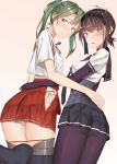  2girls ass black_bodysuit black_hair black_headband black_legwear black_skirt blush bodysuit eyebrows_visible_through_hair from_below green_eyes green_hair hachimaki hair_flaps hair_ribbon hatsuzuki_(kantai_collection) headband highres hip_vent kantai_collection leg_up long_hair looking_at_viewer multiple_girls neckerchief pallad panties pantyhose pantyshot pantyshot_(standing) pink_background pleated_skirt red_skirt ribbon school_uniform serafuku short_hair simple_background skirt standing tasuki thighhighs twintails underwear white_panties white_ribbon yellow_eyes zuikaku_(kantai_collection) 