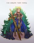  1girl barefoot braid cape fire_emblem fire_emblem:_fuukasetsugetsu full_body gem green_eyes green_hair hair_ornament jewelry krazehkai long_hair looking_at_viewer mamkute multicolored_hair nintendo pointy_ears simple_background solo sothis sword tiara twin_braids twintails weapon white_background 