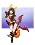  1girl 2018 animal_ears arm_behind_back arm_up armor artist_name belt black_gloves black_hair black_shorts bomb boots braid breastplate brown_footwear choker dated dog_ears dog_tail elbow_gloves elin_(tera) full_body gloves gluteal_fold halo holding huge_weapon kate-fox knee_boots latex_shorts long_hair midriff pink_eyes short_shorts shorts shuriken smile solo tail tera_online thigh_gap twin_braids twintails weapon 