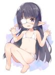  1girl bangs bare_arms bare_legs bare_shoulders barefoot bikini black_hair blush collarbone commentary_request eyebrows_visible_through_hair eyepatch full_body granblue_fantasy hands_up harvin legs long_hair looking_at_viewer lunalu_(granblue_fantasy) meito_(maze) navel open_mouth purple_eyes side-tie_bikini solo swimsuit very_long_hair white_bikini 