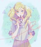  1girl aruba blonde_hair blue_eyes blush drink long_hair persona persona_5 shirt simple_background solo sweater takamaki_anne twintails 