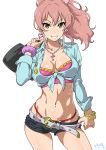  1girl bag belt bracelet breasts cleavage commentary_request cross earrings eyebrows_visible_through_hair front-tie_top grin heart heart_earrings holding holding_bag idolmaster idolmaster_cinderella_girls jewelry jougasaki_mika legs_apart long_hair looking_at_viewer medium_breasts midriff navel necklace parted_lips pendant pink_hair purple_scrunchie revision scrunchie shiny shiny_skin shirt short_shorts shorts simple_background smile solo standing suna thong tied_shirt white_background wrist_scrunchie 