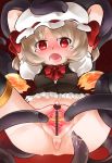  1girl bar_censor blonde_hair blush breasts censored hat looking_at_viewer medium_breasts naik open_mouth pussy red_eyes shiny shiny_hair shiny_skin short_hair spread_legs tears tentacle 