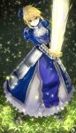  1girl absurdres armor armored_boots armored_dress artoria_pendragon_(all) black_background blonde_hair blue_dress blue_ribbon boots braided_bun dress excalibur fate/stay_night fate_(series) faulds frown full_body gauntlets grass green_eyes hair_ribbon hieung highres holding holding_sword holding_weapon long_dress ribbon saber short_hair sidelocks solo standing sword weapon 