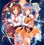  2girls ;) ;o album_cover bangs beamed_eighth_notes biwa_lute black_skirt blush breasts brown_eyes brown_hair chains commentary_request cover cuffs dress eighth_note eyebrows_visible_through_hair feet_out_of_frame flower hair_flower hair_ornament hairband holding holding_instrument instrument kirero leaf long_hair long_sleeves looking_at_viewer low_twintails lute_(instrument) multiple_girls musical_note one_eye_closed open_mouth orange_dress petticoat purple_hair purple_hairband shackles sheet_music shirt short_hair siblings sisters skirt small_breasts smile staff_(music) tears touhou tsukumo_benben tsukumo_yatsuhashi twintails very_long_hair white_flower white_shirt 