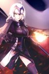  1girl ahoge armor armored_dress banner black_dress black_gloves black_legwear boa_sorte dress fate/grand_order fate_(series) faulds gloves highres holding jeanne_d&#039;arc_(alter)_(fate) jeanne_d&#039;arc_(fate)_(all) looking_at_viewer parted_lips reaching_out shiny shiny_skin short_hair silver_hair solo standing thighhighs v-shaped_eyebrows yellow_eyes 