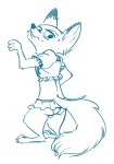  2018 anthro barefoot blue_and_white blush bottomwear butt canid canine cheek_tuft clothed clothing crossdressing dipstick_ears disney elbow_tufts fox fuel_(artist) hi_res knee_tuft looking_back male mammal monochrome multicolored_ears nick_wilde rear_view simple_background skirt solo standing sweat sweatdrop tuft underwear upskirt white_background zootopia 