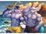  2019 abs anthro biceps black_nose canid canine canis clothing digital_media_(artwork) duo fur fuwayuuko horn kemono male mammal muscular muscular_male one_eye_closed outside pecs seaside swimwear white_fur wink wolf 