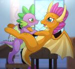  blue_eyes blush dragon female friendship_is_magic green_eyes horn male membranous_wings my_little_pony smolder_(mlp) spike_(mlp) vavacung wings 