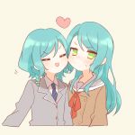  2girls :3 :d =_= aqua_hair bang_dream! beige_background blue_neckwear blush bow cheek-to-cheek green_eyes grey_blazer hair_bow hanasakigawa_school_uniform haneoka_school_uniform heart hikawa_hina hikawa_sayo hinakano_h long_hair multiple_girls neck_ribbon necktie open_mouth red_neckwear ribbon school_uniform short_hair siblings side_braids sisters smile striped striped_neckwear sweatdrop twins upper_body yellow_bow 