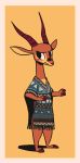  2018 ambiguous_gender antelope anthro barefoot blush border bovid clothed clothing facial_markings fuel_(artist) fuel_(character) gazelle hi_res horn looking_away mammal markings orange_background poncho simple_background solo standing white_border 