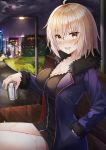  1girl :d ahoge bangs bench black_dress blonde_hair breasts building can cleavage cloud collarbone dress drooling fate/grand_order fate_(series) full_moon fur_collar fur_trim hair_between_eyes hand_in_pocket highres holding holding_can jacket jeanne_d&#039;arc_(alter)_(fate) jeanne_d&#039;arc_(fate)_(all) lamppost large_breasts lkeris long_sleeves looking_at_viewer moon night open_clothes open_jacket open_mouth outdoors purple_jacket short_hair sitting smile solo thighs wing_collar yellow_eyes 