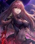  1girl bangs bodysuit breasts closed_mouth commentary covered_navel dual_wielding erect_nipples eyebrows_visible_through_hair fate/grand_order fate_(series) gae_bolg hisahisahisahisa holding light_particles lips long_hair looking_at_viewer medium_breasts pauldrons polearm purple_bodysuit purple_hair red_eyes red_hair revision scathach_(fate)_(all) scathach_(fate/grand_order) skin_tight solo spear standing weapon 