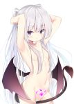 1girl absurdres armpits arms_up bangs between_legs blush breasts brown_wings cleft_of_venus closed_mouth collarbone commentary_request demon_girl demon_tail demon_wings eyebrows_visible_through_hair hair_between_eyes hair_over_breasts highres light_smile long_hair looking_at_viewer mm2k navel nude original pubic_tattoo purple_eyes pussy silver_hair simple_background small_breasts solo succubus tail tail_between_legs tattoo two_side_up very_long_hair white_background wings 
