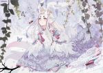  animal_ears blush butterfly crown feathers flowers horns japanese_clothes leaves long_hair mia0309 onmyouji petals watermark white_hair yellow_eyes 