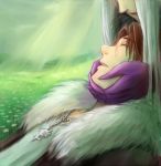  1boy 1girl arieml bad_end blurry blurry_background brown_hair claws eyes_closed field final_fantasy final_fantasy_viii flower fur_collar head_down head_out_of_frame jewelry lap_pillow light_rays long_hair necklace parted_lips scar silver_hair sleeping squall_leonhart sunlight ultimecia very_long_hair 