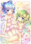  2girls ;d ahoge bare_arms bare_legs bare_shoulders barefoot bloomers blue_bow blue_eyes blue_hair blue_wings blush bow bra breasts cirno cleavage closed_mouth commentary_request daiyousei detached_sleeves fairy_wings green_hair groin hair_bow ice ice_wings long_hair looking_at_viewer looking_to_the_side multiple_girls navel no_socks one_eye_closed one_side_up open_mouth panties pjrmhm_coa puffy_short_sleeves puffy_sleeves short_sleeves sitting small_breasts smile socks soles strap_slip touhou transparent transparent_wings underwear underwear_only wariza white_bloomers white_bra white_legwear white_panties white_sleeves wings yellow_bow 
