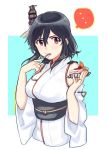  1girl bare_shoulders black_hair breasts cake detached_sleeves food fork frown hair_ornament holding holding_food jewelry kantai_collection large_breasts looking_at_viewer nontraditional_miko red_eyes ring sagamiso short_hair solo speech_bubble strawberry_shortcake upper_body wedding_band wide_sleeves yamashiro_(kantai_collection) 