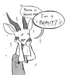  2018 ambiguous_gender antelope anthro blush bovid clothed clothing dialogue english_text eyes_closed facial_markings fuel_(artist) fuel_(character) gazelle greyscale hands_on_cheeks horn mammal markings monochrome open_mouth open_smile simple_background smile solo sparkles speech_bubble text unseen_character white_background 