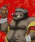  2019 alcohol anthro beard beverage bottle brown_hair chinese_zodiac drunk facial_hair hair male mammal mustache nanoff navel nipples one_eye_closed overweight overweight_male red_background simple_background smile solo suid suina sus_(pig) text translation_request wild_boar year_of_the_pig 