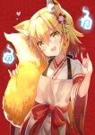  1girl :3 :d animal_ear_fluff animal_ears apron bangs blonde_hair blue_fire blush brown_apron brown_eyes collarbone commentary_request eyebrows_visible_through_hair fang fingernails fire flower fox_ears fox_girl fox_shadow_puppet fox_tail hair_between_eyes hair_flower hair_ornament hakama hands_up head_tilt heart highres hitodama japanese_clothes kimono long_sleeves miko open_mouth pixiv_id red_background red_flower red_hakama ribbon-trimmed_sleeves ribbon_trim senko_(sewayaki_kitsune_no_senko-san) sewayaki_kitsune_no_senko-san signature smile solo tail tail_raised twitter_username white_kimono wide_sleeves xephonia 