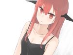  1girl bangs bare_shoulders breasts camisole cleavage closed_mouth commentary_request demon_girl dutch_angle eyebrows_visible_through_hair head_wings hinami047 koakuma long_hair red_eyes red_hair sidelocks simple_background small_breasts solo straight_hair touhou upper_body white_background 