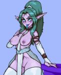  2019 5_fingers areola armwear belt biped blizzard_entertainment breasts clothed clothing ear_piercing ear_ring elbow_gloves elf eyebrows eyelashes female gloves green_hair hair humanoid legwear looking_at_viewer mostly_nude night_elf nipple_piercing nipples not_furry open_mouth piercing pointy_ears pussy reccand simple_background smile solo standing stockings tattoo thigh_highs tongue tongue_out tyrande_whisperwind video_games warcraft 