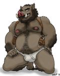  2018 5_fingers anthro beard briefs brown_hair bulge clothing facial_hair gun_holster hair jankowski kneeling male mammal mustache nanoff navel nipples overweight overweight_male penis_outline simple_background smile solo suid suina sus_(pig) tusks underwear white_background white_clothing white_underwear wild_boar 