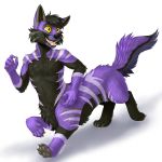  1:1 2018 5_fingers black_fur canid canid_taur canine canine_taur canis cheek_tuft chest_tuft claws digital_media_(artwork) fangs fluffy fluffy_tail fur happy mammal multicolored_fur nude open_mouth pawpads purple_fur running shadow signature simple_background solo striped_fur stripes taur teeth tongue tuft white_background wolf wolf_taur yellow_eyes znackish 