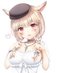  1girl :d animal_ears blush braid breasts brown_headwear cabbie_hat cat_ears collarbone commentary_request facial_mark fang final_fantasy final_fantasy_xiv grey_ribbon hair_ribbon hat head_tilt jewelry kanora light_brown_hair long_hair looking_at_viewer low_twintails medium_breasts miqo&#039;te open_mouth pendant red_eyes ribbon shirt short_sleeves smile solo twin_braids twintails whisker_markings white_shirt 
