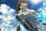  2019 abs anthro biceps black_nose canid canine canis clothing digital_media_(artwork) fur male mammal muscular muscular_male pecs sky_(artist) wolf 