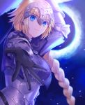  1girl arm_up armor armored_dress black_gloves blonde_hair blue_eyes dress eyebrows_visible_through_hair fate/apocrypha fate_(series) floating_hair gloves grey_dress headpiece highres jeanne_d&#039;arc_(fate) jeanne_d&#039;arc_(fate)_(all) long_hair looking_at_viewer nomuraumu outstretched_arm outstretched_hand reaching_out shiny shiny_hair smile solo upper_body very_long_hair 