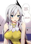  1girl bangs bare_arms bare_shoulders black_ribbon blue_eyes blush breasts bronya_zaychik bronya_zaychik_(cosplay) bronya_zaychik_(yamabuki_armor) bronya_zaychik_(yamabuki_armor)_(cosplay) cecilia_schariac clip_studio_paint cosplay embarrassed english_text eyebrows_visible_through_hair eyes_visible_through_hair grey_hair hair_between_eyes hair_ribbon highres honkai_(series) honkai_impact_3rd impossible_clothes impossible_leotard large_breasts leotard long_hair looking_at_viewer open_mouth ribbon sheita shiny shiny_clothes shiny_hair shiny_skin sidelocks smiley_face solo speech_bubble swept_bangs talking tears tsurime white_background yellow_leotard 