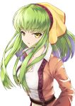  1girl absurdres alternate_costume bangs breasts brown_jacket c.c. code_geass collarbone commentary eyebrows_visible_through_hair green_hair highres jacket light_(sdga5524) long_hair looking_at_viewer medium_breasts multicolored_hair purple_hair shirt simple_background solo two-tone_hair upper_body white_background white_shirt yellow_eyes 