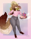  ! anthro cake canid canine clothed clothing disembodied_hand female food hi_res l2edpanda mammal solo_focus standing surprise wide_hips 