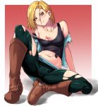  1girl android_18 bare_shoulders black_legwear black_tank_top blonde_hair blue_eyes blush boots border breasts cameltoe cleavage closed_mouth dragonball_z earrings full_body gradient gradient_background highres jewelry looking_at_viewer medium_breasts midriff navel nico-mo pantyhose red_background short_hair sitting smile solo spread_legs tank_top vest white_border 