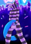  anthro blue_fur bluesuedepuma butt clothed clothing cougar dipstick_tail ear_piercing felid feline female fur hair hi_res jaffe looking_at_viewer looking_back mammal multicolored_tail nightclub pajamas piercing presenting presenting_hindquarters public purple_hair solo 