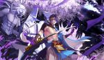  5boys ana_bi armor bare_chest black_gloves blue_eyes blue_hair character_request commentary_request flower gloves hairband hat holding holding_sword holding_weapon japanese_clothes long_hair male_focus mikazuki_munechika multiple_boys purple_flower purple_theme smile sword tassel touken_ranbu weapon wisteria 