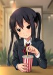  1girl bangs black_hair blazer blurry blurry_background blush brown_eyes cup drinking_straw jacket k-on! long_hair looking_at_viewer nakano_azusa ryunnu sakuragaoka_high_school_uniform school_uniform smile solo twintails 