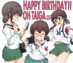  1girl :q armband bag black-framed_eyewear black_neckwear blouse brown_eyes brown_hair camera carrying character_name closed_mouth commentary english_text eyebrows_visible_through_hair facing_viewer from_side girls_und_panzer glasses green_skirt hair_tie happy_birthday holding holding_camera holding_microphone holding_notepad holding_pen kasai_shin long_sleeves microphone miniskirt multiple_views navel neckerchief notepad ooarai_school_uniform open_mouth ou_taiga pen pleated_skirt satchel school_uniform semi-rimless_eyewear serafuku short_hair skirt smile solo standing tongue tongue_out twintails under-rim_eyewear white_background white_blouse 