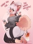  anthro beverage butt canid canine clothed clothing eyewear female glasses hi_res kneeling l2edpanda looking_at_viewer mammal phone smile solo tongue tongue_out 