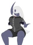  2018 absol anthro armwear big_breasts black_clothing black_shirt black_topwear bottomwear breast_grab breasts clothed clothing cross_legs dibujosv12 digital_drawing_(artwork) digital_media_(artwork) edna_(kocosoto) female fur gloves hair hand_on_breast hi_res invalid_tag long_hair mammal nintendo pok&eacute;mon pok&eacute;mon_(species) shirt shorts smile solo thick_thighs topwear video_games white_fur 