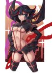  1girl black_gloves black_hair black_legwear blue_eyes border breasts cowboy_shot garter_straps gloves grin hands_on_hips highres kill_la_kill looking_to_the_side matoi_ryuuko medium_breasts multicolored_hair navel nico-mo pleated_skirt red_hair revealing_clothes senketsu short_hair skirt smile solo thighhighs thighs two-tone_hair underboob white_border 