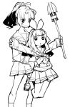  2girls bow character_request copyright_request dowman_sayman highres lifting monochrome multiple_girls weapon 