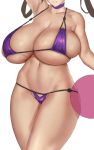  1girl arm_up armpits ball beachball bikini breasts brown_hair bursting_breasts character_request choker cleavage collarbone commentary copyright_request curvy eu03 hair_rings head_out_of_frame huge_breasts micro_bikini navel purple_bikini purple_choker sagging_breasts skindentation solo strap_gap swimsuit underboob veins veiny_breasts white_background 