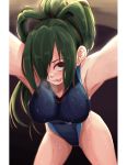  1girl :p armpits asui_tsuyu bare_shoulders blush boku_no_hero_academia border breasts closed_mouth green_hair hair_over_one_eye heavy_breathing highres hip_focus large_breasts leaning_forward long_hair looking_at_viewer nico-mo one-piece_swimsuit solo swimsuit tied_hair tongue tongue_out wet wet_clothes white_border 