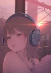  1girl bare_shoulders brown_eyes brown_hair clothes_hanger collarbone commentary_request grey_tank_top headphones house indoors looking_away looking_to_the_side original parted_lips radio_antenna solo sunset tank_top tears tomamatto upper_body window 